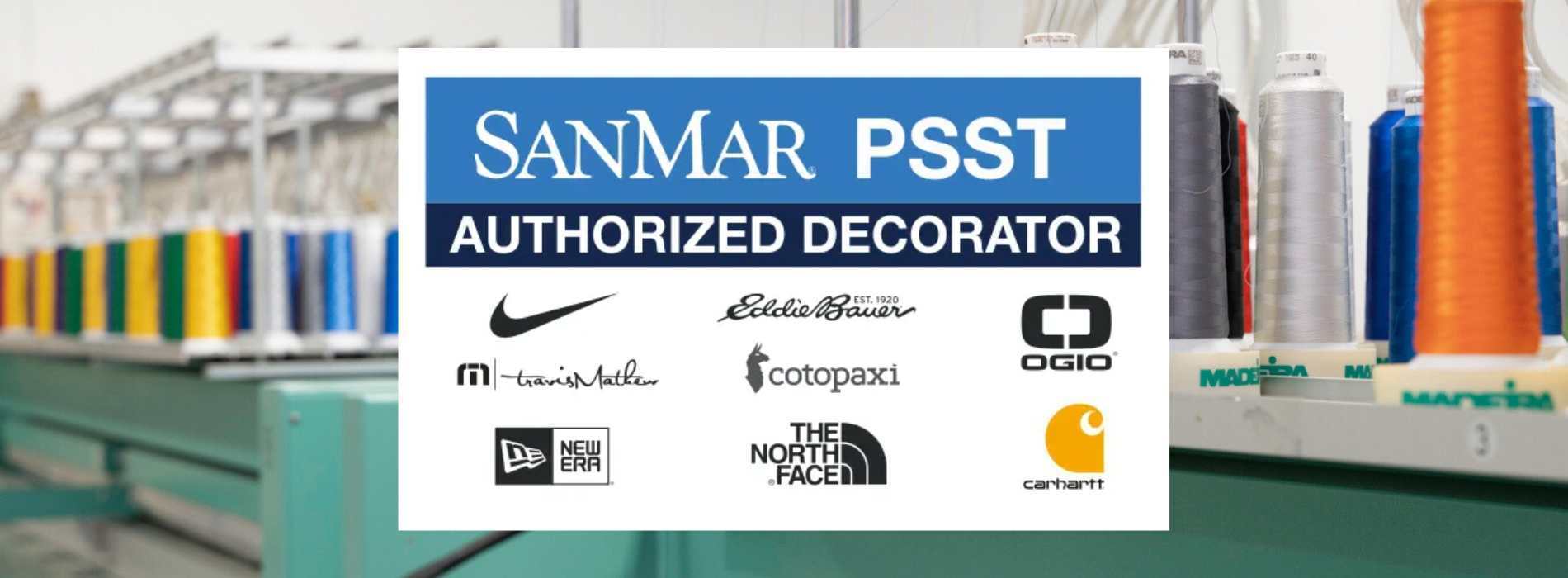 Authorized Decorator Emblem, displaying the brand names Sanmar PSST, Nike, Eddie Bauer, Ogio, Travis Mathew, Cotopaxi, New Era, The North Face, and Carhartt